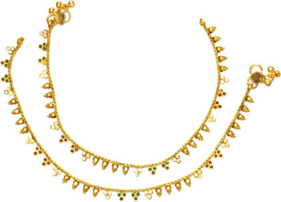 Women Trendz Maroon Green Golden Polish Traditional Micro Plated With Stones Brass Anklet Pack of 2