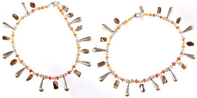 Exotic India Smoky Quartz and Carnelian Sterling Silver Anklet