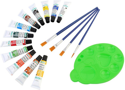 DOZEN Artist Quality 12ml Acrylic Color Tubes Set With 4 Paint Brushes & Palette Art Painting Set