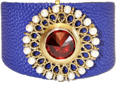 Women Trendz Red Stone and Pearl Broach Blue Leather Cuff