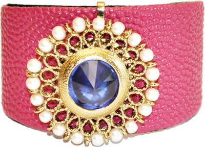 Women Trendz Blue Stone and Pearl Broach Pink Leather Cuff