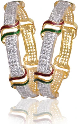 75% OFF on American Diamond Beautiful Brass, Copper Cubic Zirconia, Diamond 18K Yellow Gold, Rhodium Plated Bangle Set Pack of 2