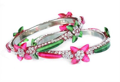 55% OFF on Absolute Shringaar Flower Brass Rhodium Plated Bangle Set Pack of 2