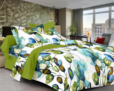 69% OFF on Ahmedabad Cotton Cotton Floral Double Bedsheet 1 Double Bedsheet & 2 Pillow Covers, White, Green, Blue