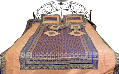 16% OFF on Exotic India Silk Striped Double Bedsheet 1 Bedsheet, 2 Pillow Covers, 4 Cushion Covers, Blue