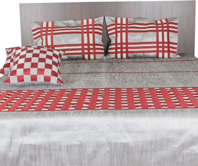 Furrball Bedspreads & More Silk Checkered Queen Bedsheet 1 Bedspread, 2 Pillow Covers, Grey, Red, White