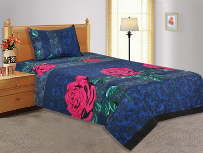 28% OFF on Salona Bichona Cotton Floral Single Bedsheet 1 Single Bedsheet, 1 Pillow Cover, Blue