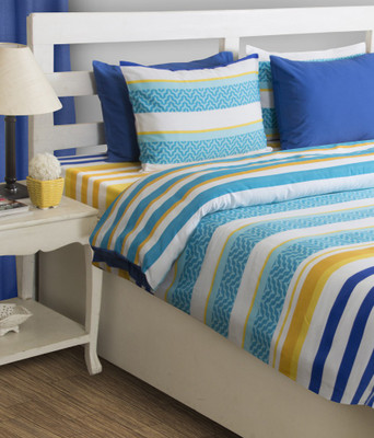 10% OFF on House This Cotton Striped Double Bedsheet 1 Double Bed Sheet, 2 Pillow Covers, Blue