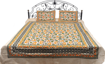 15% OFF on Exotic India Cotton Printed Double Bedsheet Bedsheet, 2 Pillow Covers, Comfrey Green On Beige