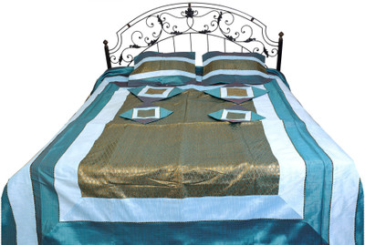 15% OFF on Exotic India Silk Floral Double Bedsheet 1 Bedsheet, 2 Pillow Covers, 4 Cushion Covers, Blue