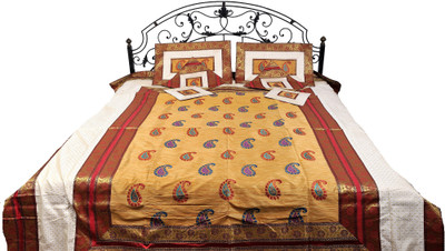 15% OFF on Exotic India Silk Embroidered Double Bedsheet 1 Bedsheet, 2 Pillow Covers, 4 Cushion Covers, Gold