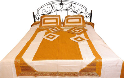 15% OFF on Exotic India Silk Floral Double Bedsheet 1 Bedsheet, 2 Pillow Covers, 4 Cushion Covers, Yellow