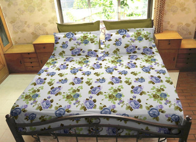 50% OFF on Hemlines Cotton Floral Double Bedsheet 1 Bedsheet, 2 Pillow Covers, Green, White, Blue