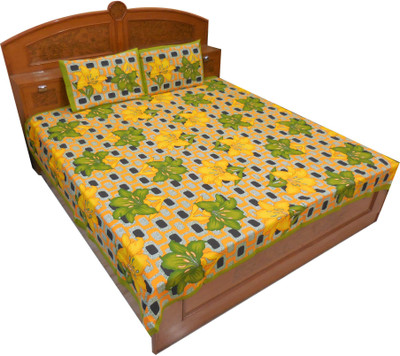 11% OFF on Kismat Collection Cotton Printed Double Bedsheet 2 Pillow Cover, BedSheet, Yellow, Black