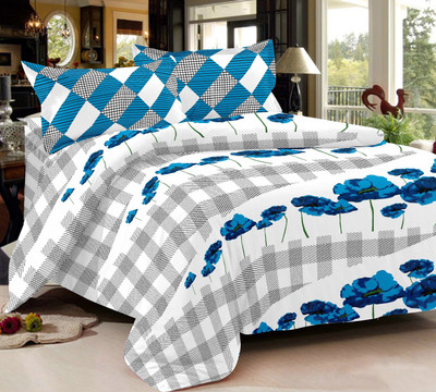 72% OFF on Ahmedabad Cotton Cotton Floral Double Bedsheet 1 Double Bedsheet & 2 Pillow Covers, White, Blue