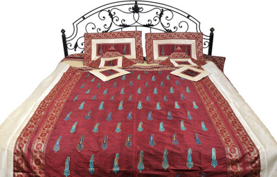 15% OFF on Exotic India Silk Embroidered Double Bedsheet 1 Bedsheet, 2 Pillow Covers, 4 Cushion Covers, Red