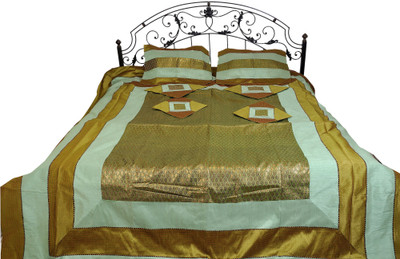 15% OFF on Exotic India Silk Floral Double Bedsheet 1 Bedsheet, 2 Pillow Covers, 4 Cushion Covers, Green