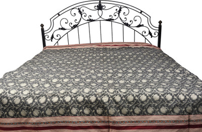 15% OFF on Exotic India Cotton Floral Double Bedsheet Bedsheet, Charcoal Gray