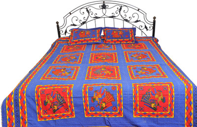 16% OFF on Exotic India Cotton Printed Double Bedsheet 1 Bedspread, 2 Pillow Covers, Blue