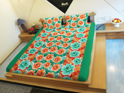 50% OFF on Hemlines Polycotton Floral Double Bedsheet 1 Bedsheet, 2 Pillow Covers, Green, Orange, White