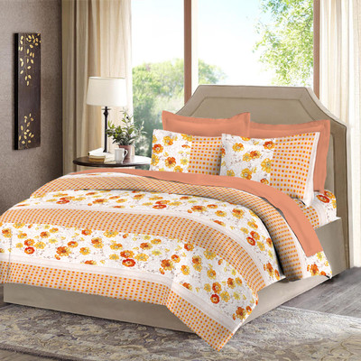 1% OFF on Bombay Dyeing Cotton Printed Double Bedsheet 1 Bedsheet, 2 Pillow Covers, Orange||White