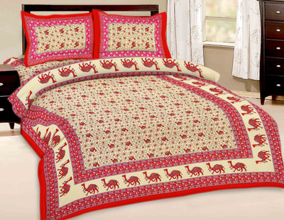 55% OFF on Kismat Collection Cotton Printed Double Bedsheet 1 Bed Sheet, 2 Pillow Cover, Red
