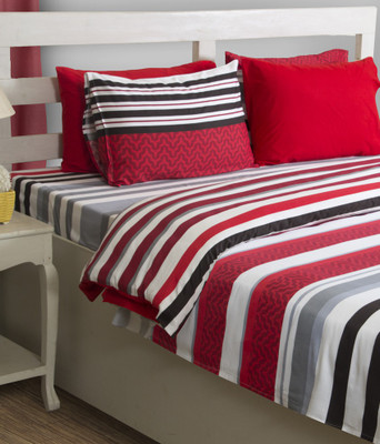 40% OFF on House This Cotton Striped Double Bedsheet 1 Double Fitted Sheet, 2 Pillow Covers, Red