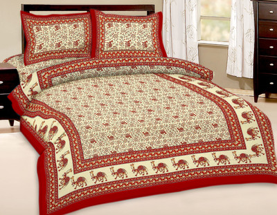 55% OFF on Kismat Collection Cotton Printed Double Bedsheet 1 Bed Sheet, 2 Pillow Cover, Red