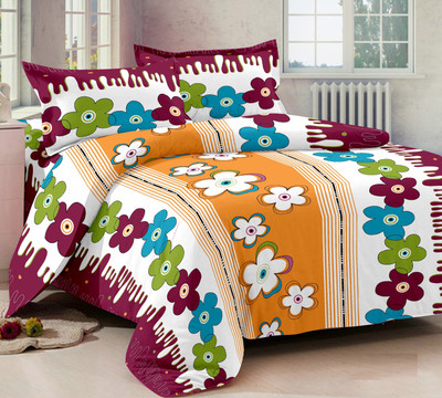 70% OFF on Ahmedabad Cotton Cotton Floral Double Bedsheet 1 double bedsheet, 2 pillow covers, Maroon, Orange