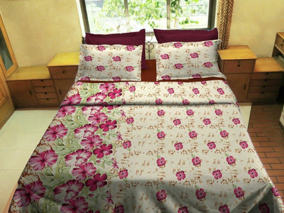 50% OFF on Hemlines Cotton, Satin Floral Double Bedsheet 1 Bedsheet, 2 Pillow Covers, Pink, Green, Brown