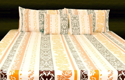 Livanto Cotton Floral King Bedsheet 1 Bedsheet, 2 Pillow Covers, Brown, Yellow