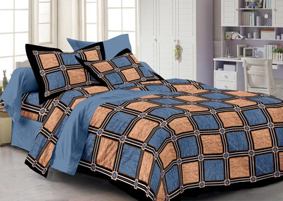 Story @ Home Cotton Checkered Double Bedsheet 1 Bedsheet, 2 Pillow Cover, Blue