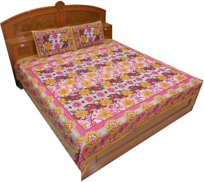 16% OFF on Kismat Collection Cotton Printed Double Bedsheet 2 Pillow Cover, BedSheet, Red, Yellow
