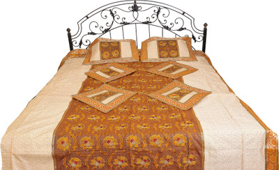 15% OFF on Exotic India Silk Embroidered Double Bedsheet 1 Bedsheet, 2 Pillow Covers, 4 Cushion Covers, Brown