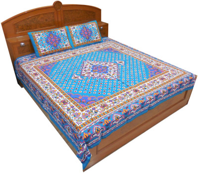 11% OFF on Kismat Collection Cotton Printed Double Bedsheet 2 Pillow Cover, BedSheet, Blue, White