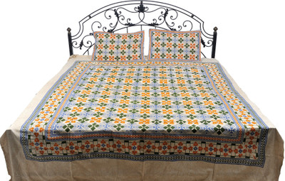 16% OFF on Exotic India Cotton Printed Double Bedsheet Bedsheet, 2 Pillow Covers, Beige and Green