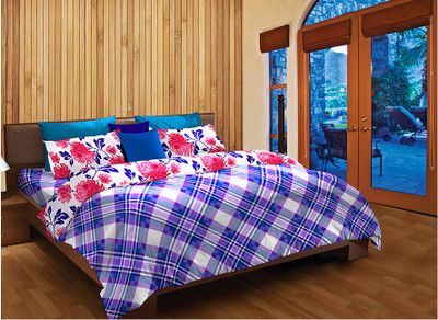 64% OFF on Home Expression USA Cotton Checkered Double Bedsheet 1 Bedsheet, 2 Pillow Covers, White||Blue||Purple