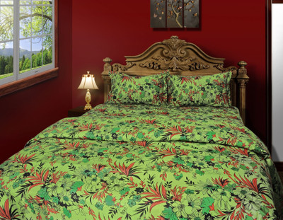 Just Linen Cotton Floral King Bedsheet 1 Bedsheet, 2 Pillow Covers, Green