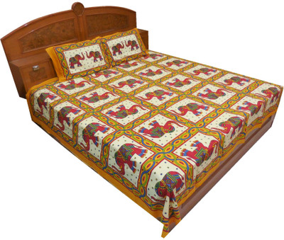 63% OFF on Kismat Collection Cotton Printed Double Bedsheet 1 BedSheet, 2 Pillow Covers, Red, Orenge