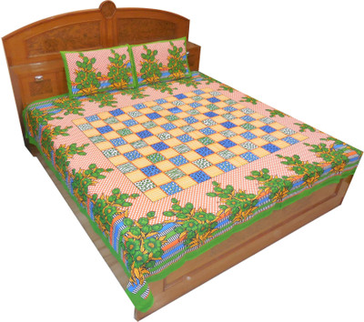 16% OFF on Kismat Collection Cotton Printed Double Bedsheet 2 Pillow Cover, BedSheet, Green, Blue