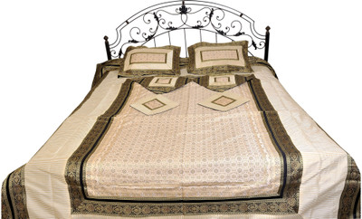 15% OFF on Exotic India Silk Floral Double Bedsheet 1 Bedsheet, 2 Pillow Covers, 4 Cushion Covers, White