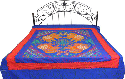 15% OFF on Exotic India Cotton Embroidered Double Bedsheet 1 Bedspread, Blue