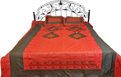 15% OFF on Exotic India Silk Floral Double Bedsheet 1 Bedspread, 2 Pillow Covers, 4 Cushion Covers, Red