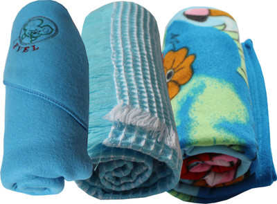 My NewBorn Cartoon Crib Hooded Baby Blanket Sky Blue (Three Baby Blankets With SHAWL, Printed Fleece And Classic Fleece)