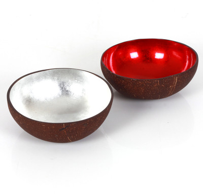 Cherrytin Red & Silver Coconut Wooden Bowl Set Brown, Red, Silver, Pack of 2
