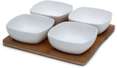 Mom Italy Morelle 4pc Bowl Set with Bamboo Base Porcelain Bowl Set White, Pack of 5 Mom Italy Morelle 4pc Bowl Set with Bamboo Base Porcelain Bowl Set White, Pack of 5