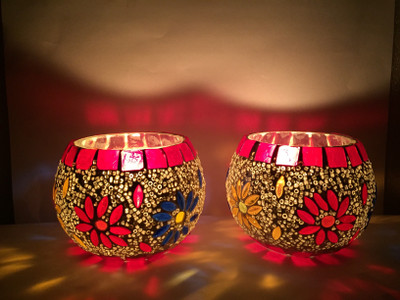 M.K. Lighting And Electrical Glass Tealight Holder Set (Multicolor, Pack Of 2)