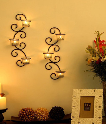 Being Nawab Set Of 2 Antique Wall Sconce With Clear Glass Iron Tealight Holder Set (Black, Pack Of 2)