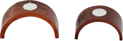 33% OFF on Pindia Fancy Home Table Decor Set Of Two Curve Diya Stand Showpiece Wooden 2 - Cup Tealight Holder Brown, Pack of 2