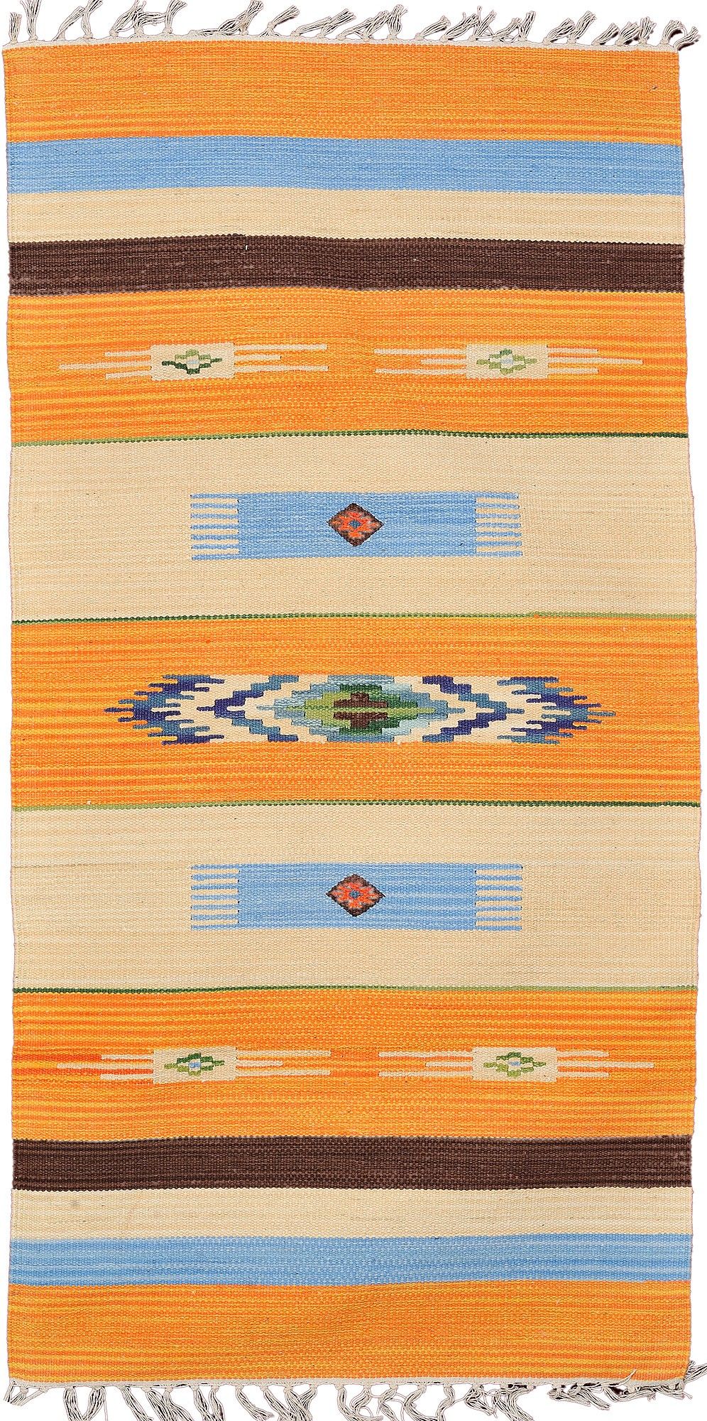 16% OFF on Exotic India Orange, Beige, Blue Cotton Dhurrie